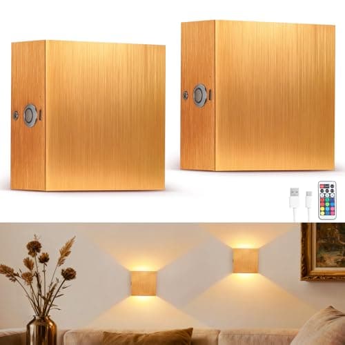 Image of Lightess Gold Rechargeable Wall Light Set of 2, Wireless Wall Sconces with Remote, 13 Colors Dimmable, 4 Lingting Modes, Stick On Wall Lights for Bedroom Living Room Hallway