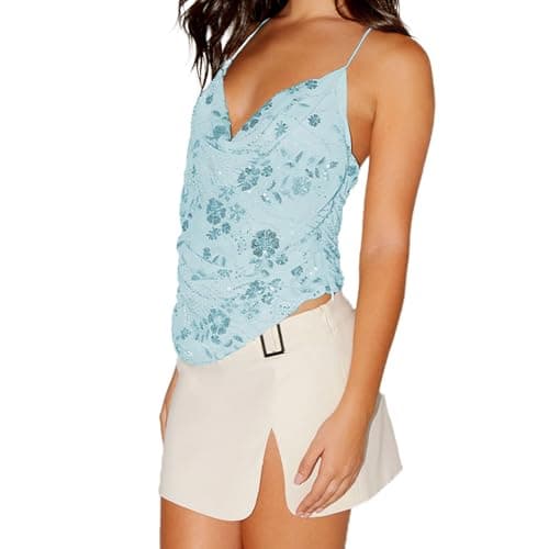 Image of YILEEGOO Women Sequin Floral Cami Tops Cowl Neck Spaghetti Strap Open Back Asymmetrical Shirts Rhinestone Going Out Tops (Blue, M)