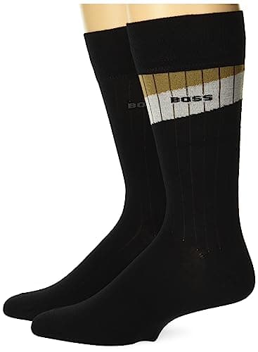 Image of BOSS Men's Solid Color and Block Stripe 2 Pack Ribbed Ribbed Socks, Plain, Block Stripes, 2 Pack, Black Oil, UK 6-12, Black oil, 39-47 EU