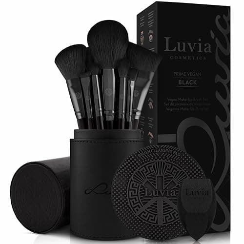 Image of Luvia Prime Vegan Pro Make-Up Brush Set, Black, 12 Makeup Brushes Including Brush Storage, Blender Sponge & Cleaning Mat for Cosmetic Brushes, Black & Rose Gold