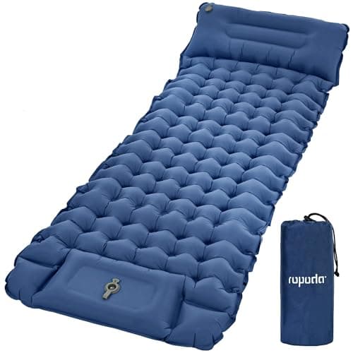 Image of ROPODA Camping Mat,Ultralight Inflatable Camping Mattress with Pillow, Built-in Foot Pump, Waterproof Sleeping Pad with Carry Bag for Hiking, Camping，Backpacking，77''*27''*3.9'' (blue)