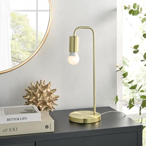 Image of Furniturebox UK Table Lamp - Lola - Modern Desk Table Light - Brass Metal - Exposed Bulb - Contemporary Minimalist Industrial Lighting - Simple Living Room Office or Bedside Lighting