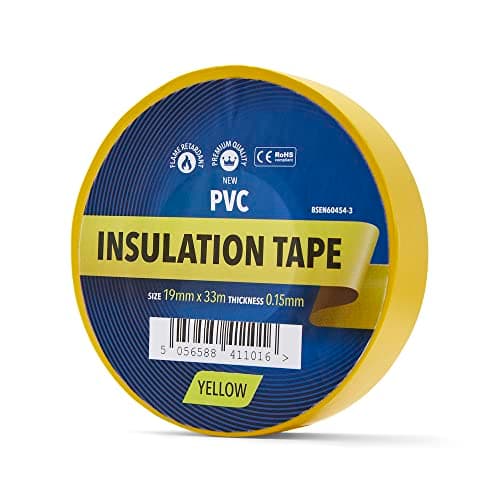 Image of cableties.co.uk Yellow Electrical Insulation Tape, 19mm x 33m, Strong Self-Adhesive PVC Tape. Quality Professional Heat Resistant Waterproof Insulating Tape for Electricians, Indoor/Outdoor