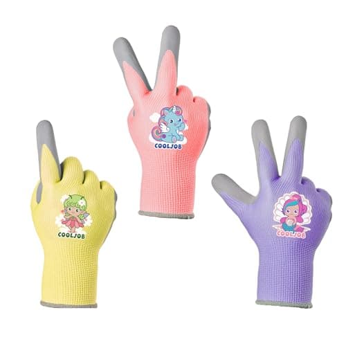 Image of COOLJOB Childrens Garden Gloves for Boys Girls, 3 Pairs Toddler Work Gloves for Gardening Playing, Non-slip Latex Coating, 6-8 Years Old Kid, M