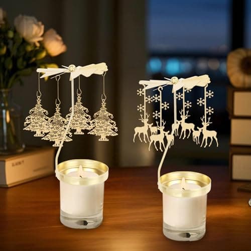 Image of 2Pcs Gold Metal Rotating Candle Holder | Christmas Carousel Tealight Holder, Romantic Spinning Table Decor for Christmas Valentine's Day Home Party Centrepiece