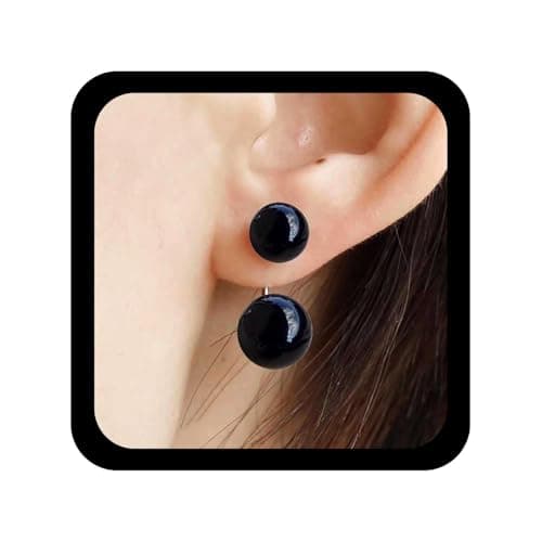 Image of Cybche Vintage Pearl Ear Jacket Earrings Pearl Double Sided Earrings Onyx Ball Earring Black Bead Stud Earring Round Bead Dangle Front Back Jewelry for Women