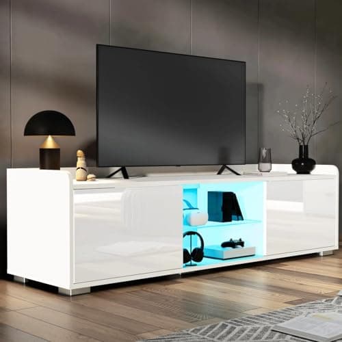 Image of Blisswood 140cm White TV Unit – Modern LED TV Stand Cabinet with 20-Colour Remote-Controlled Lights, High Gloss Doors, Glass Shelf, Side Cupboards & Storage, Suitable for 43–55” TVs