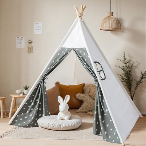 Image of Wilwolfer Teepee Tent for Kids Foldable Children Play Tent for Girl and Boy with Carry Case 4 Poles White Canvas Playhouse Toy for Indoor and Outdoor Games (Grey Teepee Tent)