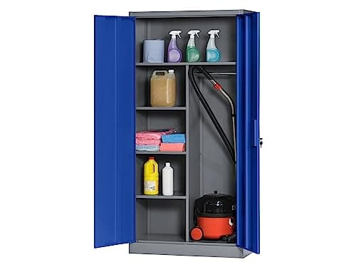 Image of The Workplace Depot Heavy Duty Metal Storage Locker Steel, Vandal-Resistant, 4 Adjustable Shelves, Lockable Doors, Blue Powder Coating – Ideal for Industrial and Office Use (Blue)
