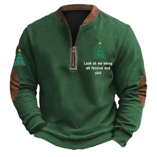 Image of Mens Christmas Jumper, Comfortable Christmas Sweatshirt, Xmas Novelty Pullover Top, Funny Snowflakes Sweater Xmas Elements Print Long Sleeve Sweatshirt Stand Collar Zip Up Jumper Green