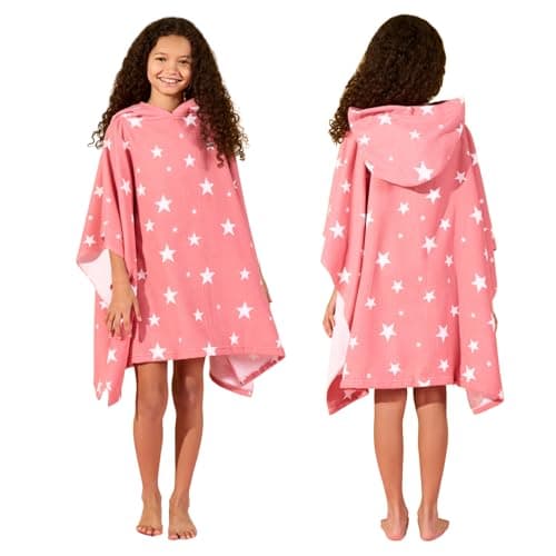 Image of Dreamscene Kids Poncho Towel, Changing Robe Summer Holiday Boys Girls Kids Hooded Towel Swimming Pool Beach Surfing Quick Dry Soft Microfibre, Star Blush Pink One Size