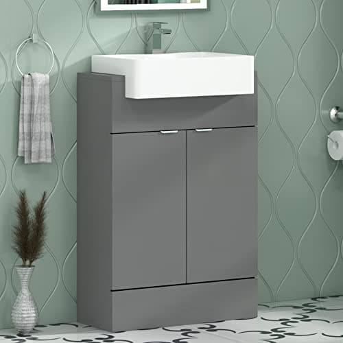 Image of Royal Bathrooms Elena 600mm 2 Door Floor Standing Vanity Unit Storage Cabinet with Semi Recessed Basin - Indigo Grey Gloss