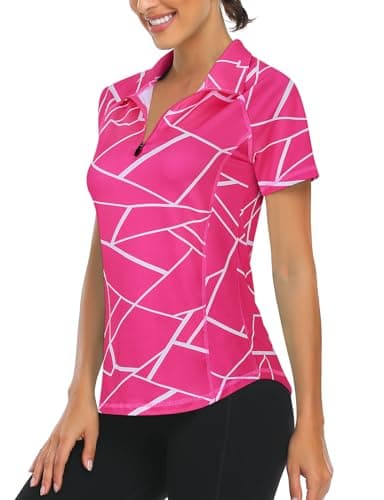Image of Syphiby Women's Pink Geometric Print Polo Shirt, Women's Sports Top, Regular Fit, Short Sleeve, V-Neck with Polo Collar, Size M