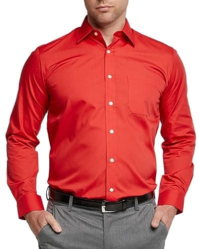 Image of Double Two Men's Shirts Long Sleeve Smart Casual Regular Fit Wedding Work Cotton Blend Shirt Red