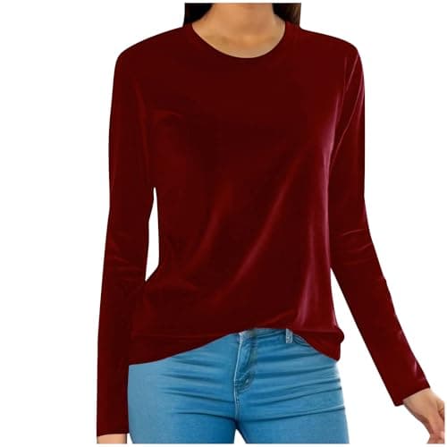 Image of Wine Tshirt Womens Top Casual Work Tees Tunic Activewear Pullover Velvet Base Shirts Plus Size Sweatshirt Solid Color Loose Fit Womens Tee Shirts Velour Long Sleeve