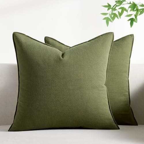 Image of Serento Pack of 2 Cushion Covers 45x45 cm Olive Green Square Cushion Cover 18x18 inch Cotton Throw Pillow Cover Boho Decorative Throw Pillowcase for Living Room Sofa Bedroom