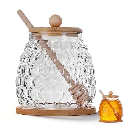 Image of Siocok Glass Honey Pot Honey Jar with Spoon and Lid Glass Honey Equipped with wood Honey Stick And tray, For home kitchens（550ml）