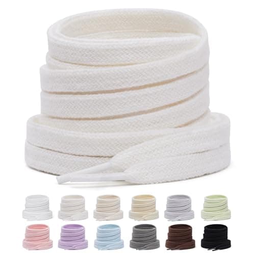 Image of Puzeam 2 Pairs Flat Cotton Shoe Laces 8mm Wide Double Layer Shoelaces for Trainers, Sneakers 13 Colours Replacement Athletic Lace - Off White 127