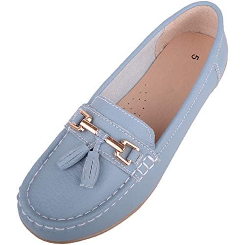 Image of ABSOLUTE FOOTWEAR Womens Slip On Leather Loafer/Deck/Boat Shoes, Baby Blue, UK 8