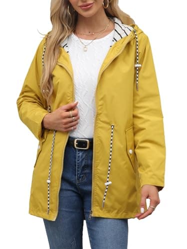 Image of DINGJIUYAN Women's Raincoat：Windproof/Waterproof Multifunctional Jacket Spring and Summer Hooded Outerwear Sports Coat Foldable Rain Jacket Yellow L