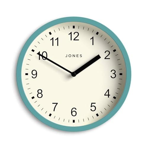 Image of Jones Clocks® Spin wall clock | Small modern round clock | 20cm | Teal blue | Easy to read numbers | Ideal for kitchen, office, children’s room or any small space