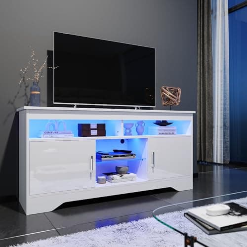 Image of ELEGANT 1350mm Modern High Gloss TV Stand Cabinet with Ambient Light for 22"-55" Flat Screen 4k TVs/LED Light TV Cabinet with Shelves and Cabinets for Living Room Bedroom, White