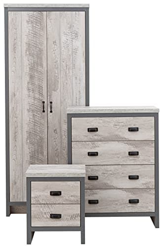 Image of GFW Boston Bedroom Furniture Sets With Bedside Table, Chest Of Drawers & Wardrobe, Contemporary Wooden Matching Bedroom Furniture Sets, Grey, 3 Piece Set