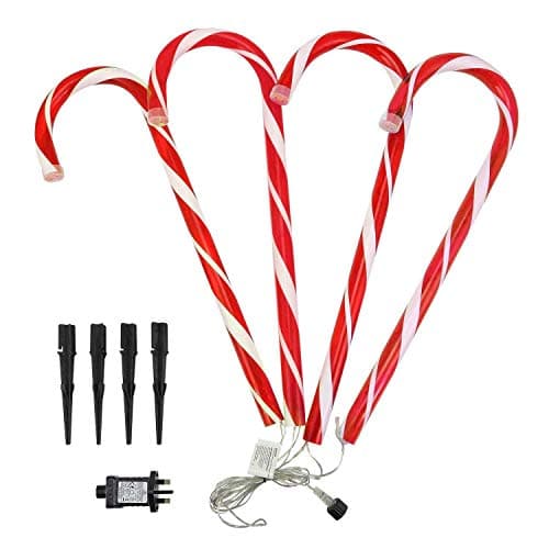 Image of Greenfields 4 Pack Mains Powered Candy Cane Stick Christmas Garden Marker Stake Lights Decoration - Set of 4-52cm Tall Festive Indoor Outdoor Decoration (Red & White)