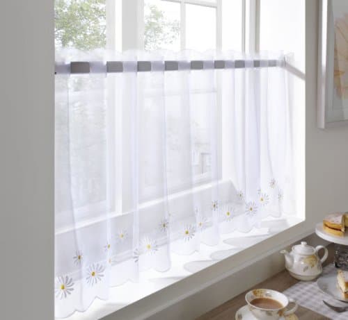 Image of Café Voile Curtain Panel, Embroidered Kitchen Net Curtains, Daisy Flower, 59" x 18"