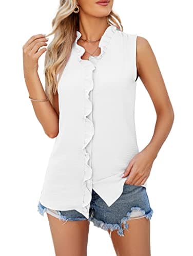 Image of Famulily Ruffle Tank Top for Women V Neck Ruffled Collared Shirts Sleeveless Ruffle Placket Button Front Blouse, White, M