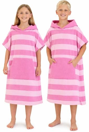 Image of Adore Kids Changing Robe Towel Poncho Hooded with Pocket - Beach Pool Surf Cover Up Soft Microfibre, Age 10-13, Pink Stripe