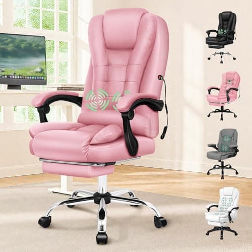 Image of ELFORDSON 2-Point Massage Office Chair for Home, PC Gaming Chair with Footrest and Lumbar Support, High Back 150° Reclining Executive Desk Chair with Padded Armrest, PU Leather, Pink
