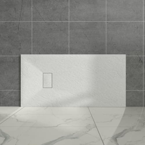 Image of Aquariss White Rectangular Shower Tray Slate Effect SMC Slip-Resistant Shower Base for Bathroom Enclosures 1400x700mm with Waste