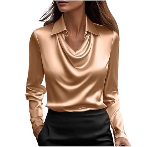 Image of Womens Silk Satin Tops Silk Long Sleeve Slouchy Neckline Shirts Solid Colour Tops Lightweight Comfy Regular Fit Clothes Baggy Going Out Office Work Tshirts Tunics Blouses