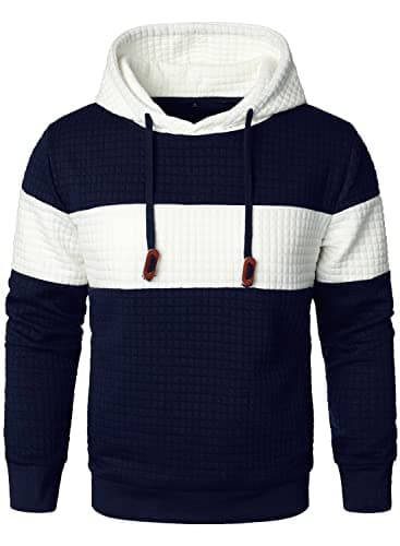 Image of HOOD CREW Men’s Sweatshirts Long Sleeve Pullover Patchwork Plaid Jacquard Hoodie Casual Drawstring Hoody Top Navy White XL