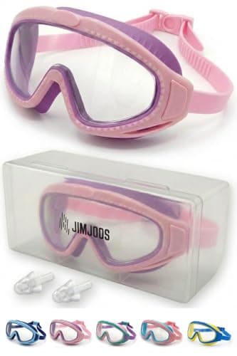 Image of JIMJOOS Kids Swimming Goggles 6-14 - Wide View, Anti Fog, UV Protection, Leak Proof Swim Goggles for Boys Girls - Adjustable Back Strap - Hard Case & Silicone Ear Plugs Included (PINK-PURPLE)