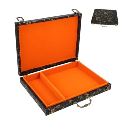 Image of JOINPAYA Mahjong Storage Box Portable Game Organizer with Handle Wooden Carrying Case for Mahjong Tiles Chess and Board Game Storage Embossed Print Design Travel Friendly