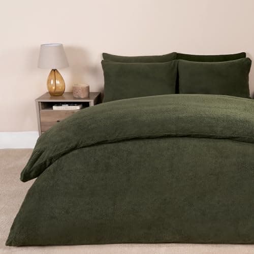 Image of Brentfords Fleece Bedding Double Green, Fluffy Warm Double Duvet Set Winter Christmas Duvet Double with Matching Pillowcases Winter Bedding Double Bed Set - Woodland Green