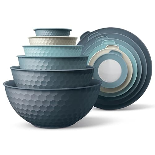 Image of COOK WITH COLOR Mixing Bowls with Lids - 12 Piece Plastic Nesting Bowls Set includes 6 Prep Bowls and 6 Lids, Microwave Safe Mixing Bowl Set, Blue Embossed