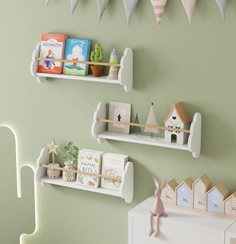 Image of AVC Designs Kids Wall Shelves Set of 3 Floating Shelves Kids Bookshelf Children’s Bookcase Wall Mounted Book Storage Unit Toy Organiser White (55x12.5x23cm)