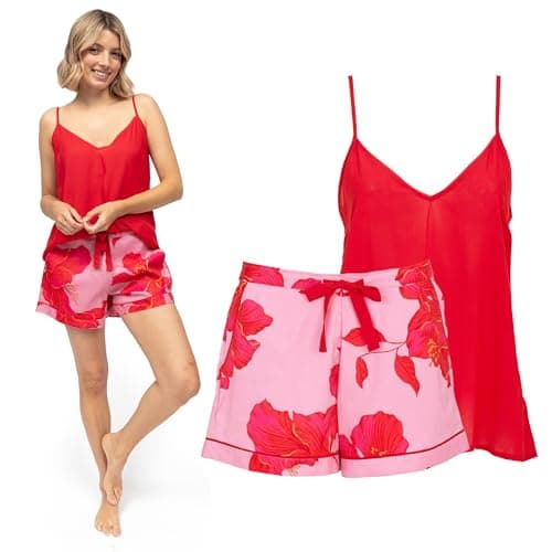 Image of Cyberjammies Pippa Womens Red Modal Cami & Pink Floral Print Shorty Set | Ladies Pyjamas | Summer PJs | Lounge Wear Sets