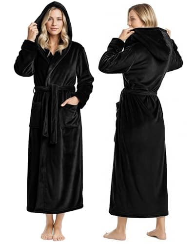 Image of NY Threads Women Fleece Hooded Bathrobe - Plush Long Robe, Black, Medium
