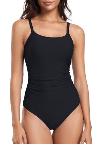 Image of Deriwone One Piece Swimsuit Ruched Tummy Control Swimming Costume Round Neck Swimwear Padded Adjustable Straps Bathing Suits L,Black