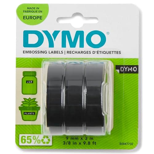 Image of DYMO Authentic Embossing Label Tape | 9 mm x 3 m rolls | White Print on Black | Self-Adhesive | for Embossing Label Makers | 3 Count