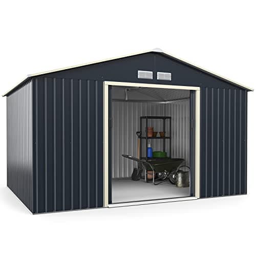 Image of GiantexUK 7x4FT/9x6FT/9x8FT/11x8FT Metal Garden Shed, Outdoor Galvanized Storage House with 2/4 Vents & Lockable Sliding Doors, Slope Roof Utility Shed Building (11x8FT, 4 Vents)