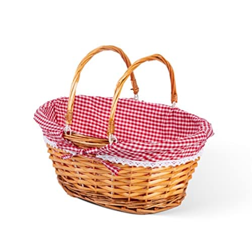 Image of Lightweight Honey Color Wicker Shopping Basket with Foldable Handles Red Gingham Cotton Liner Gift Hampers Gift Basket (Small)