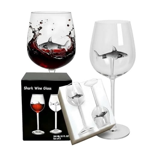 Image of Shark Wine Glasses Set of 2 with 3D Shark Inside, 300ml Lead-Free Glass Goblets, Gift Box, Funny Novelty Gift for Women & Men, Birthday Wedding Anniversary (Black)