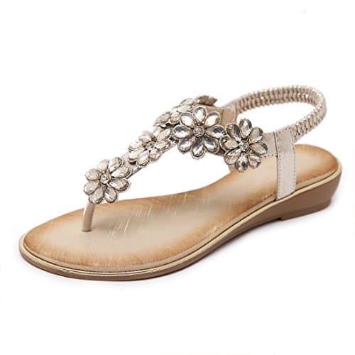 Image of iCKER Women's Flat Sandals Ladies Thong Flat Sandals Bohemian Beaded Strap Sandals Diamante Rhinestone Leather Sandals, 7UK(label size 41), Gold