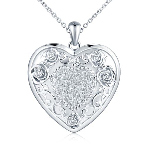 Image of MICMIF 925 Sterling Silver Rose Flower Heart Locket Photo Necklace for Women Girls Vintage Heart Pendant Openable for 2 Pictures Personalised Lockets with Cubic Zirconia in White/Purple/Blue