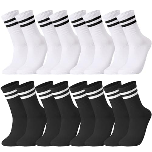 Image of Zuimei 8 Pairs Ladies Sport Socks Gym Leisure Socks for Women, Breathable Women Stripes Ankle Sock White Crew Socks for Sporting, Size 5-7(White+Black)